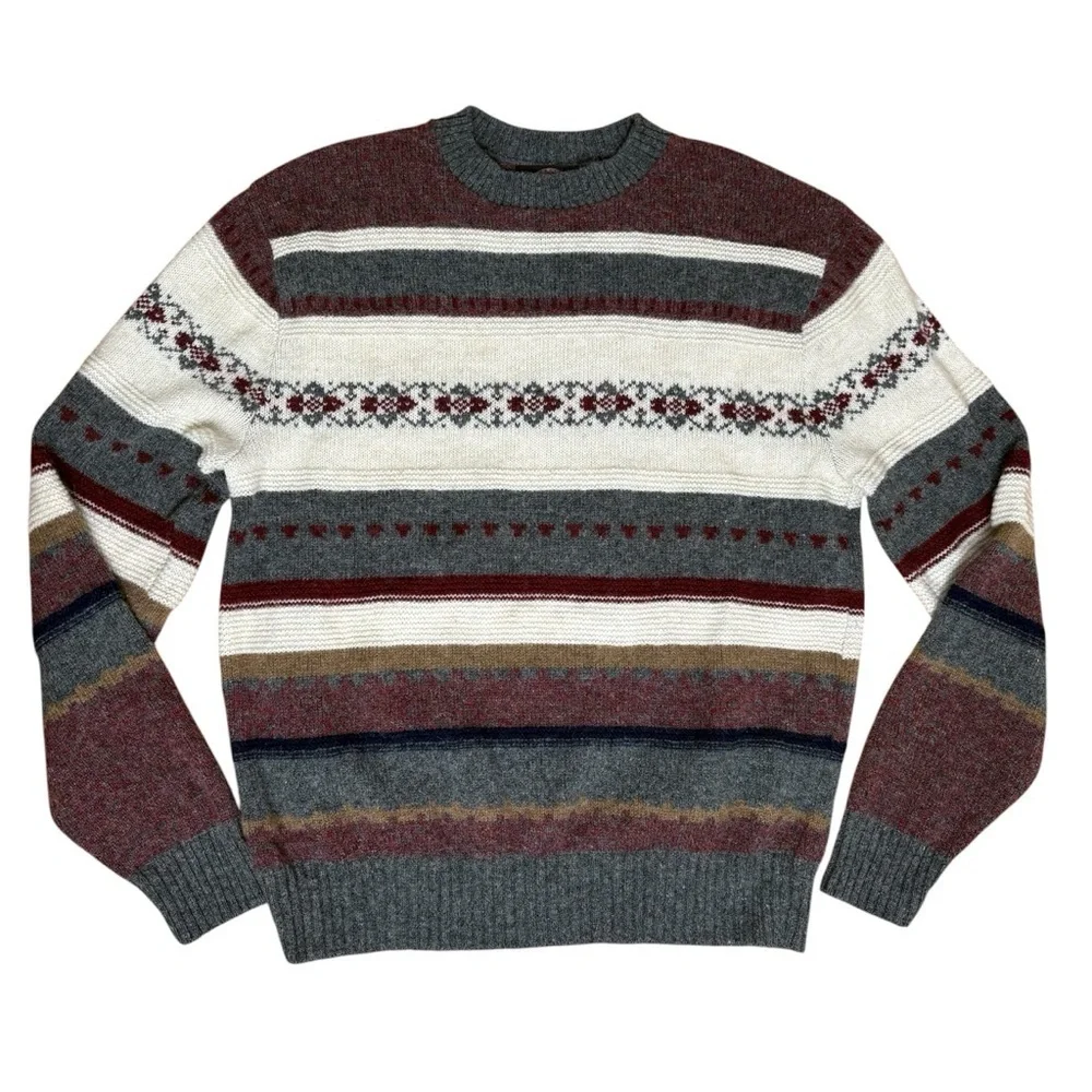 JANTZEN Vintage 90s Wool Blend Fair Isle Nordic Ski Stripe Crewneck Sweater USA - Picture 1 of 12